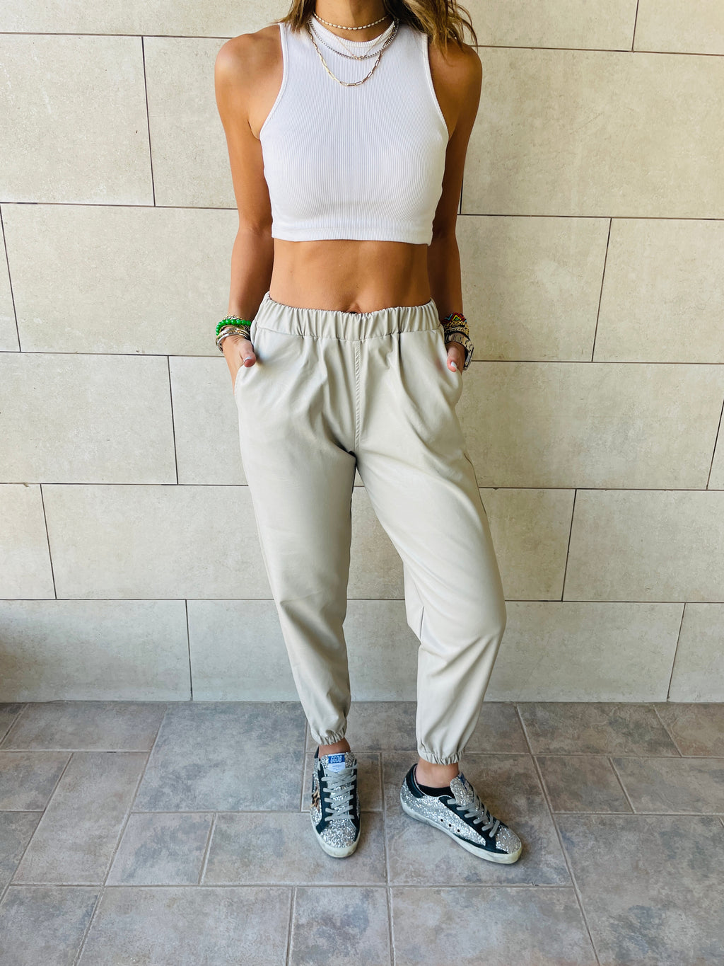 Beige Leather Jogger