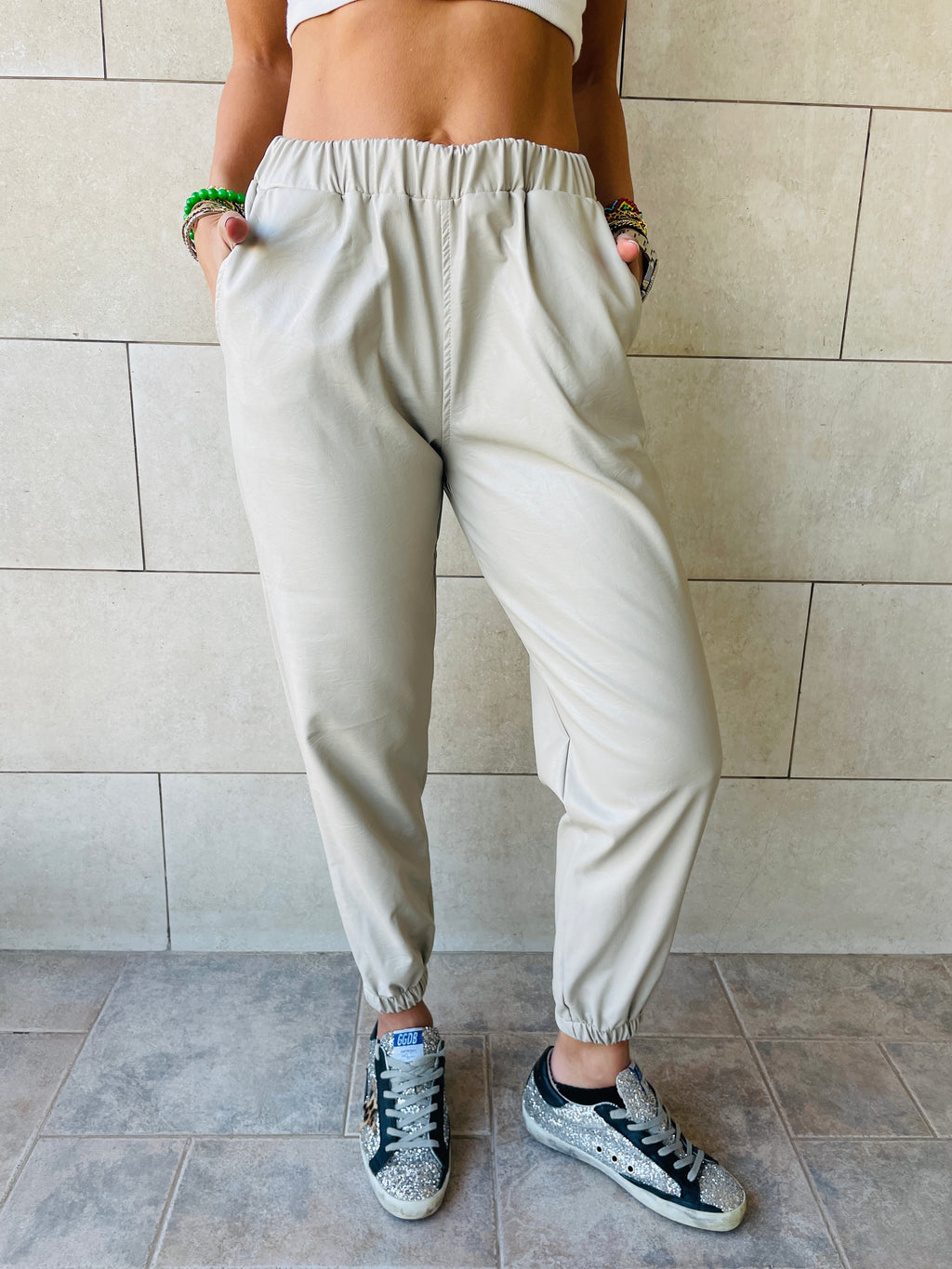 Beige Leather Jogger