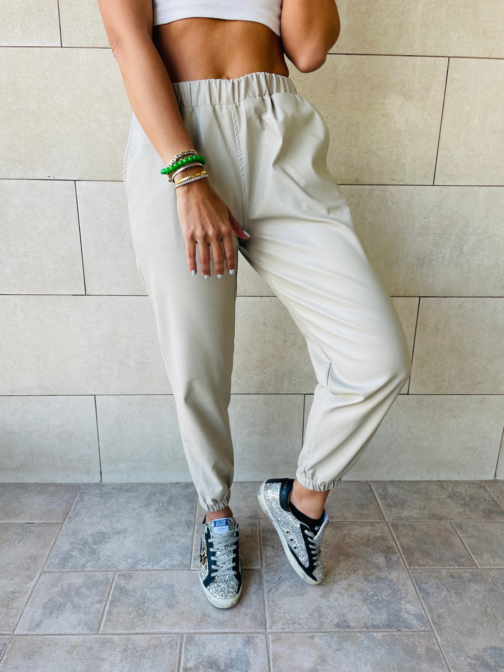 Beige Leather Jogger