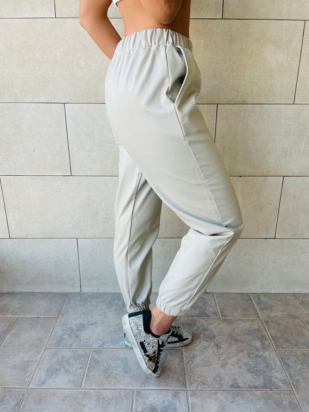 Beige Leather Jogger