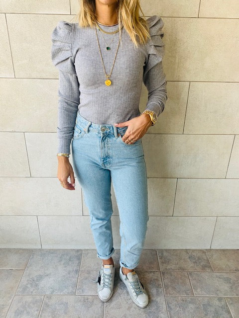 Grey Ribbed Feather Knit