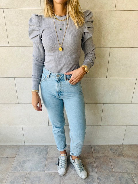 Grey Ribbed Feather Knit