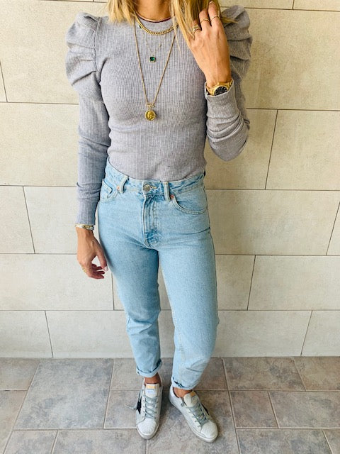 Grey Ribbed Feather Knit