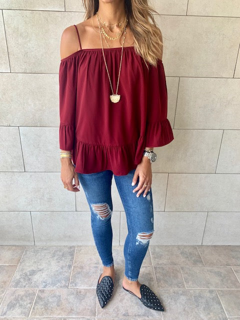 Burgundy Cold Shoulder Top