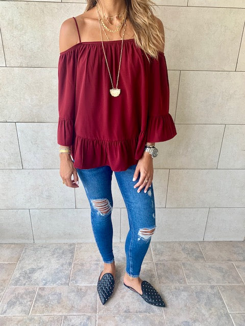 Burgundy Cold Shoulder Top