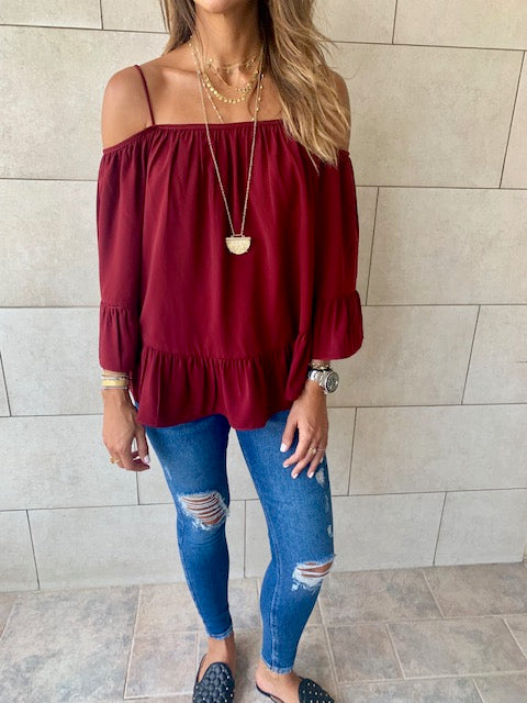 Burgundy Cold Shoulder Top