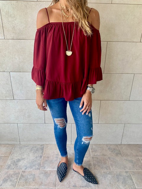 Burgundy Cold Shoulder Top