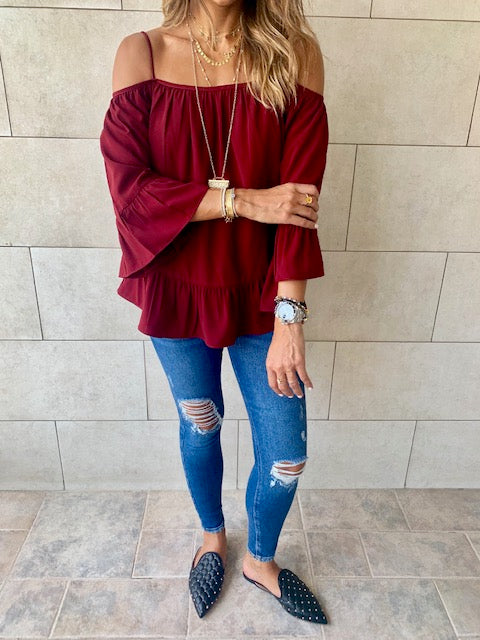 Burgundy Cold Shoulder Top