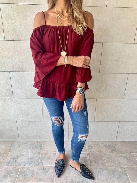 Burgundy Cold Shoulder Top