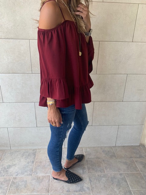 Burgundy Cold Shoulder Top