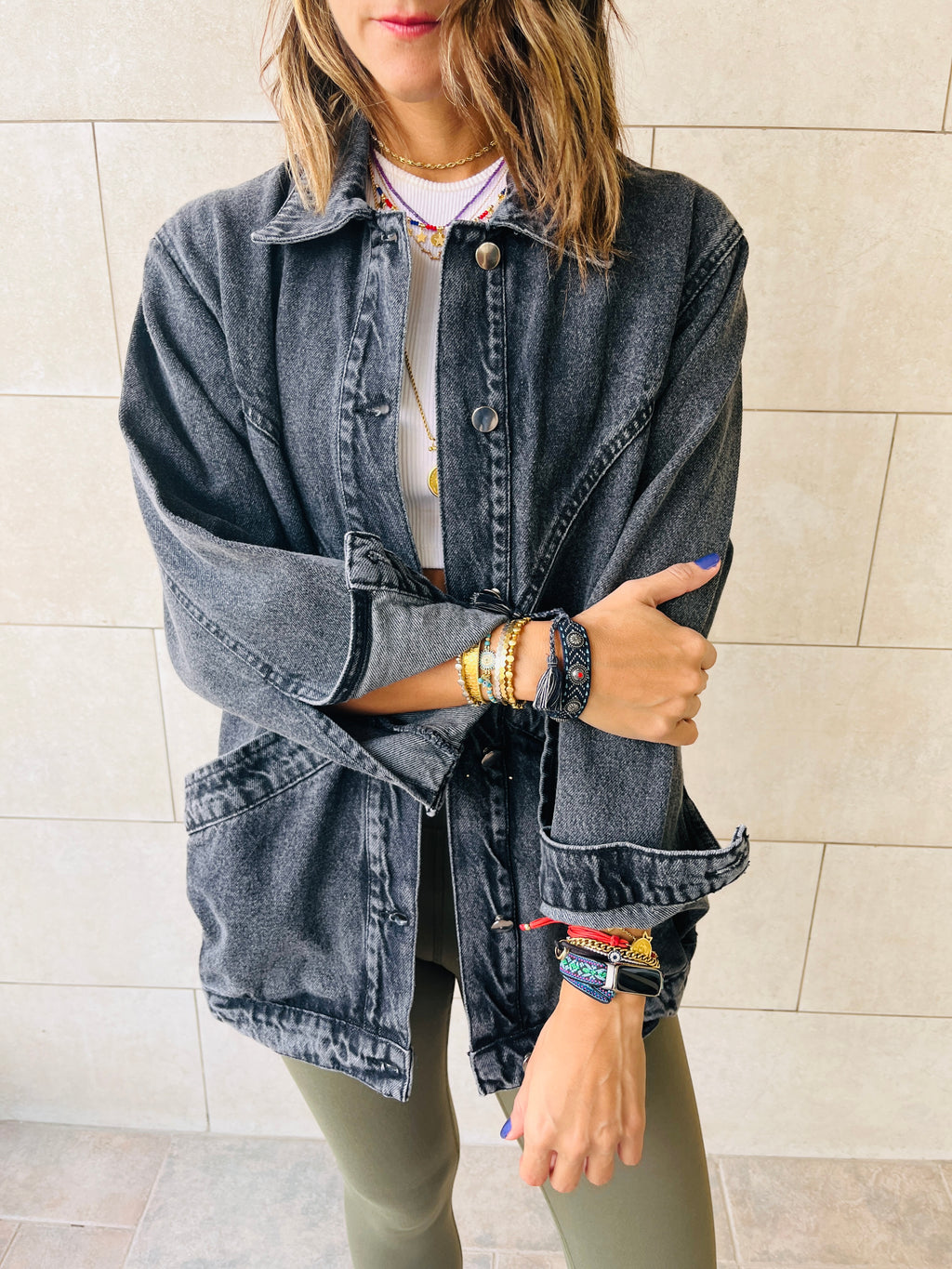 Grey Exaggerated Double Pocket Denim Jacket