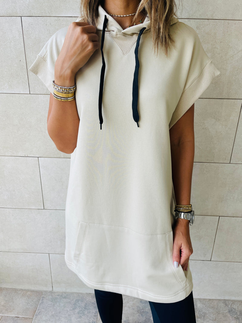 Beige Short Sleeve Hoodie