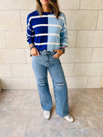 Blue Colorblock Knit Pullover