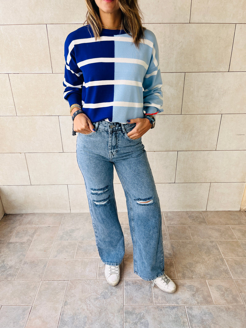 Blue Colorblock Knit Pullover