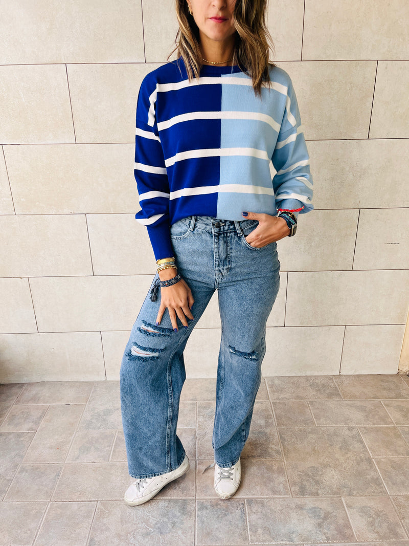 Blue Colorblock Knit Pullover