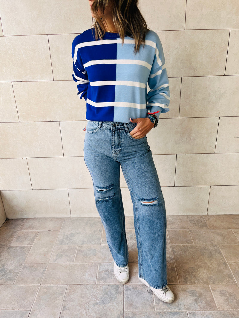 Blue Colorblock Knit Pullover