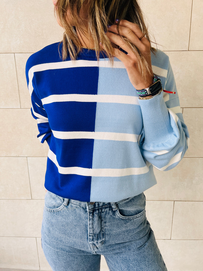 Blue Colorblock Knit Pullover