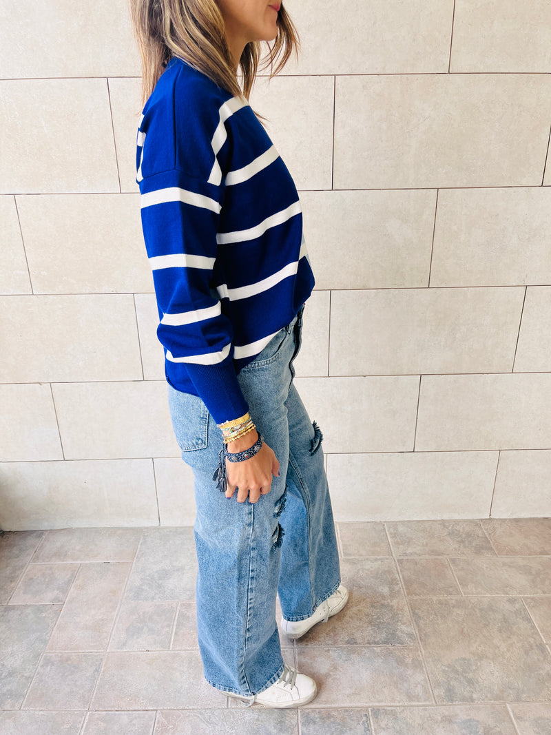 Blue Colorblock Knit Pullover