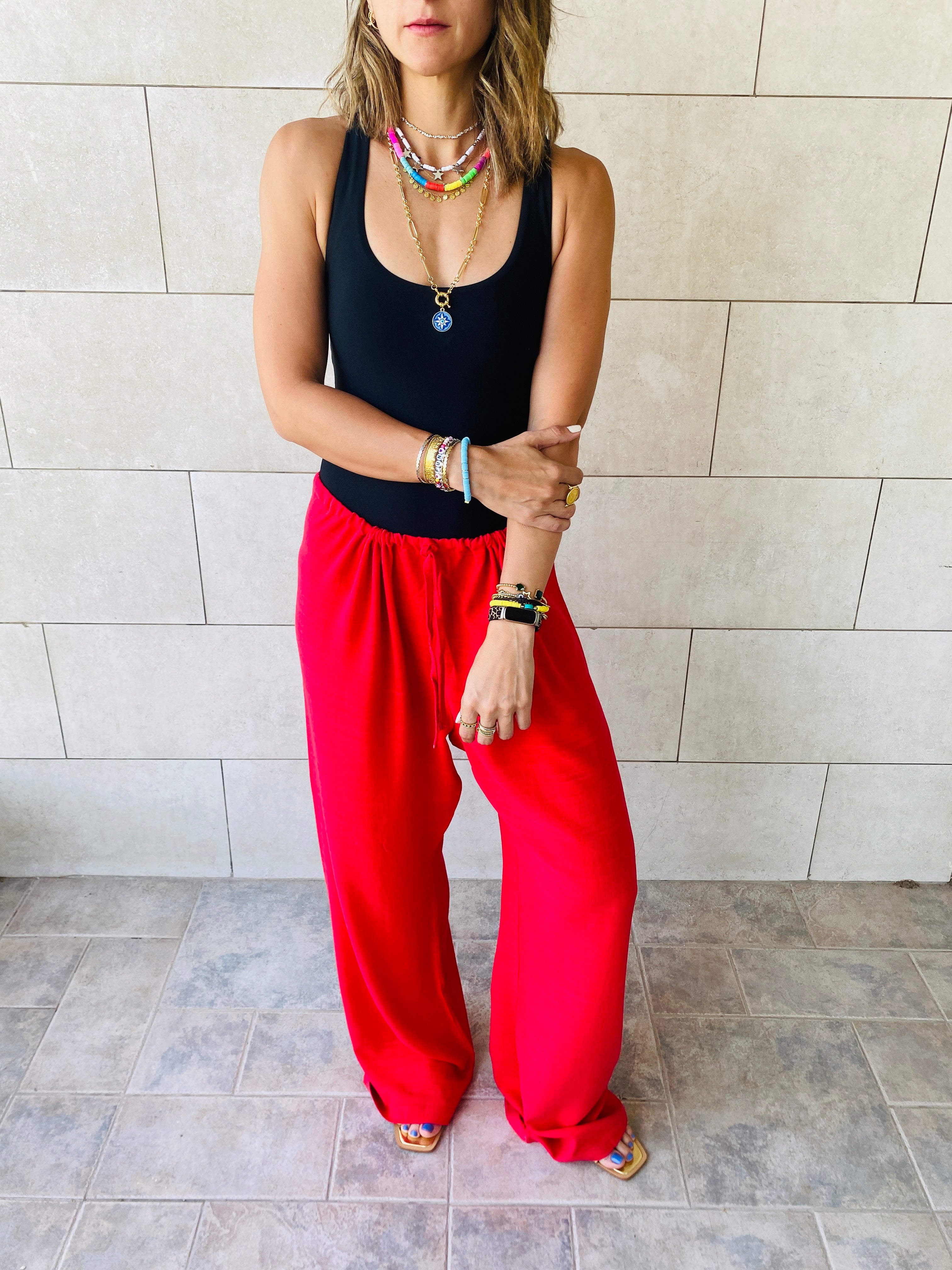 Red Linen Beach Pants