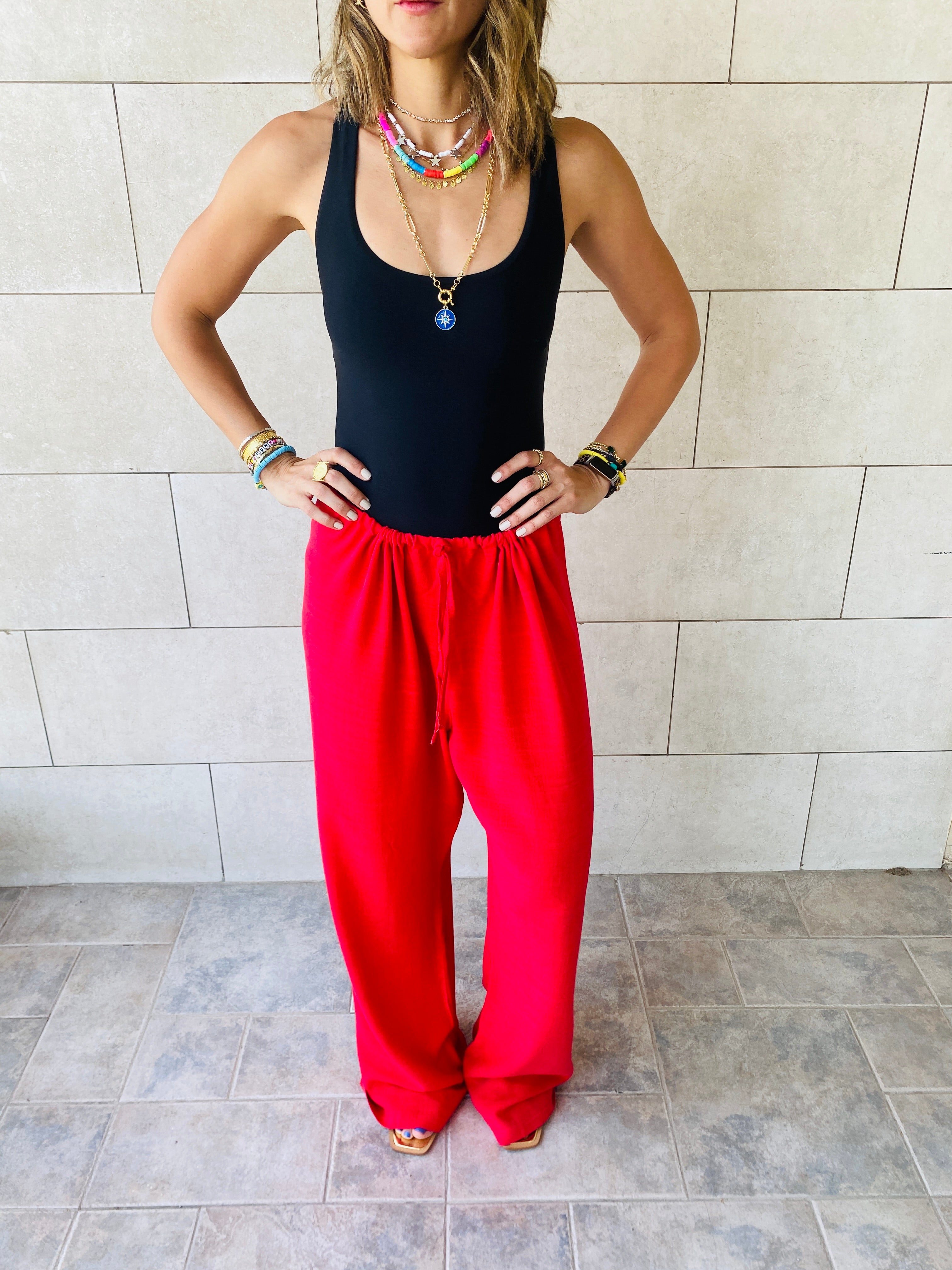 Red Linen Beach Pants