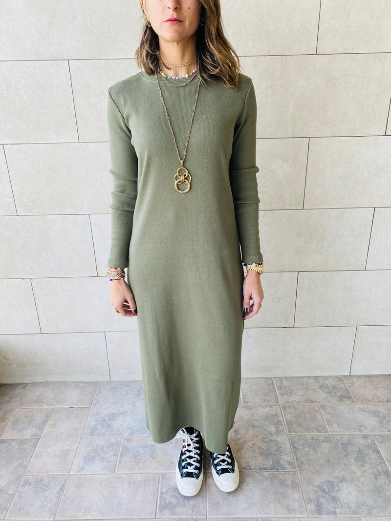 Olive Long Sleeve Ribbed Dress
