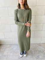 Olive Long Sleeve Ribbed Dress