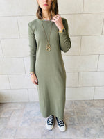 Olive Long Sleeve Ribbed Dress