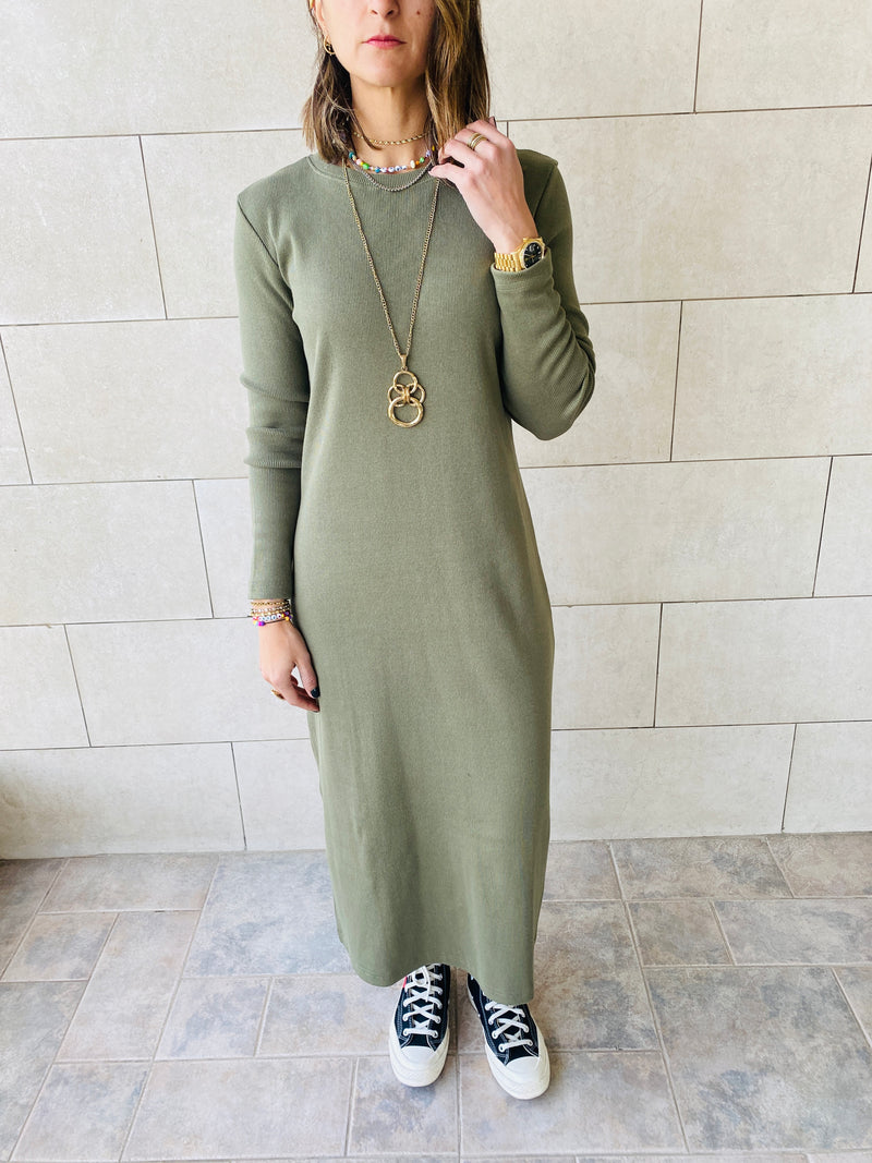 Olive Long Sleeve Ribbed Dress