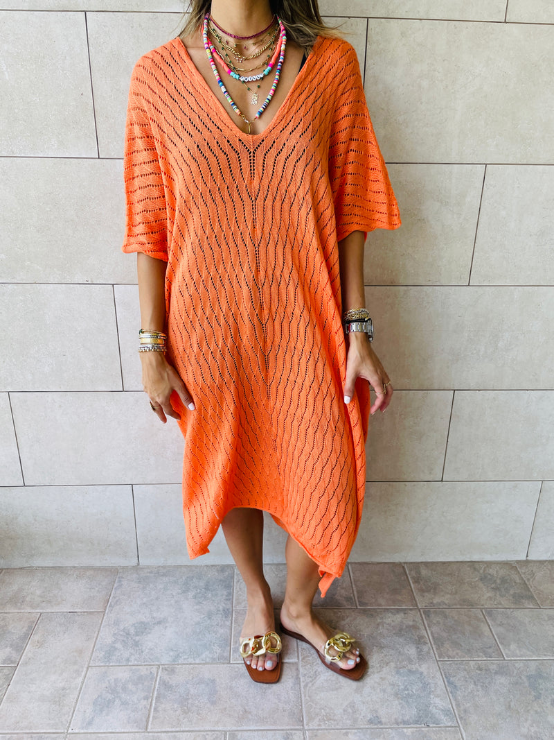 Orange Longline Crochet Poncho