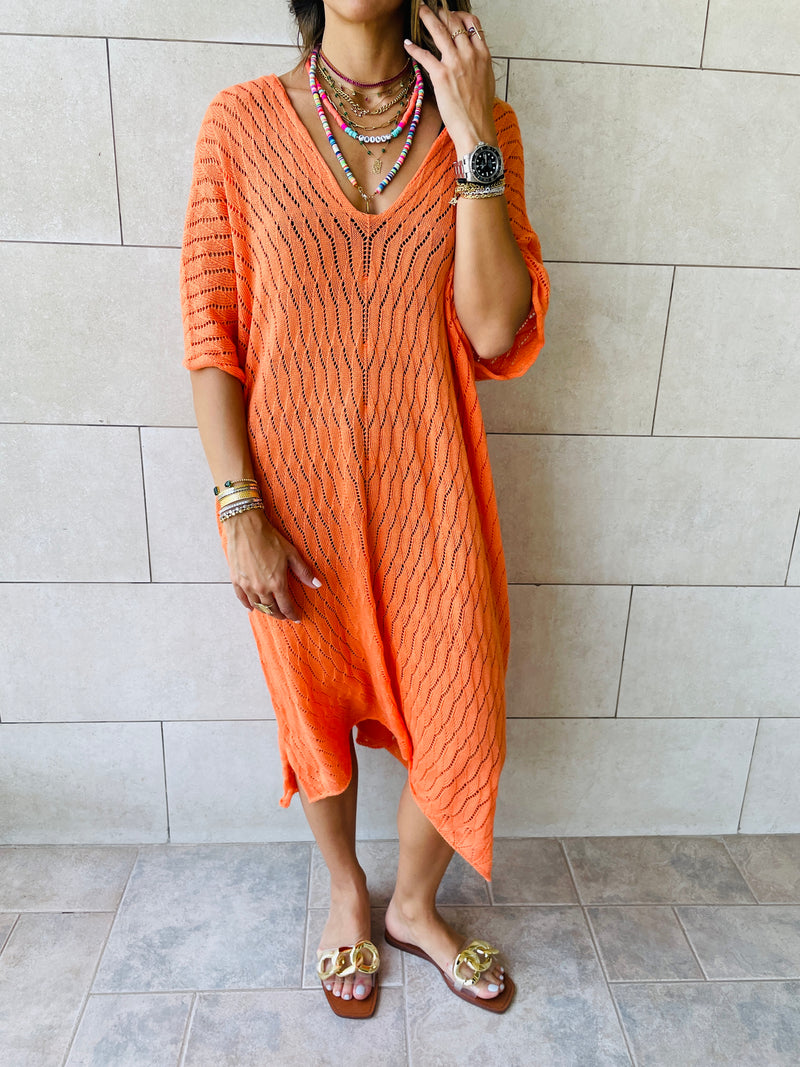Orange Longline Crochet Poncho