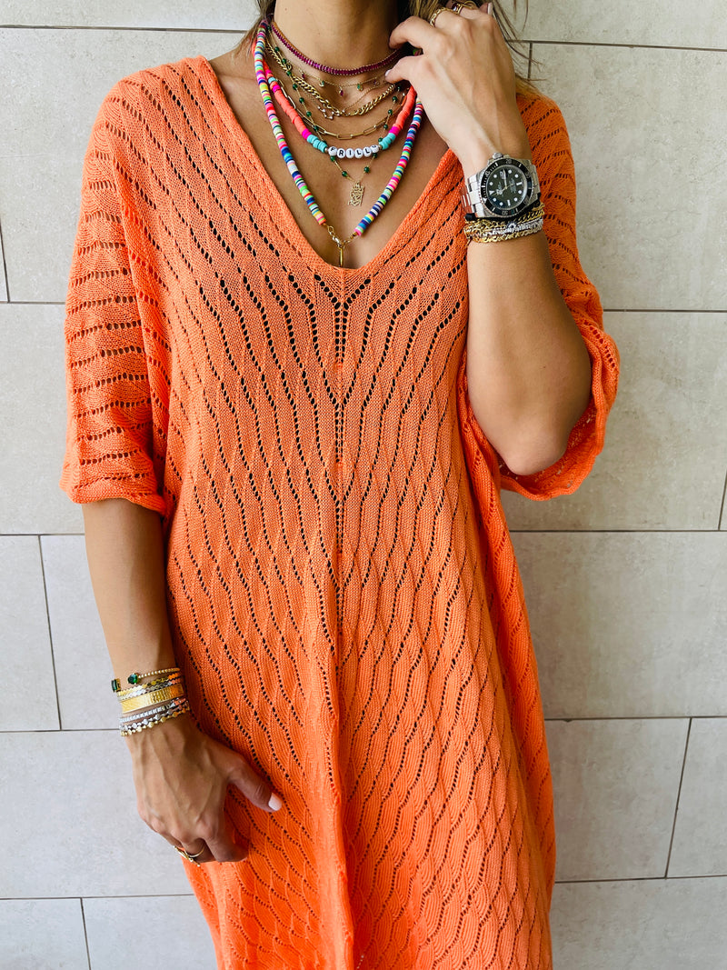 Orange Longline Crochet Poncho
