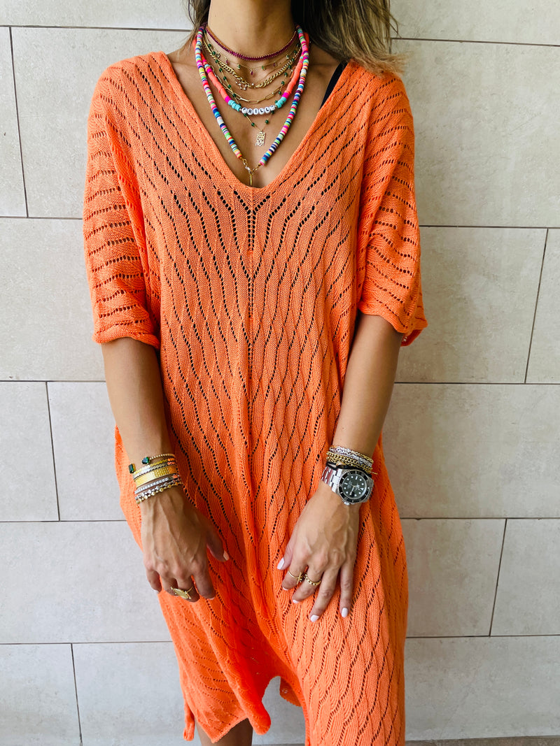 Orange Longline Crochet Poncho
