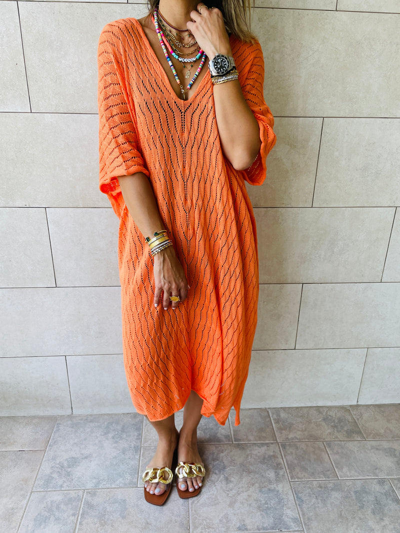 Orange Longline Crochet Poncho