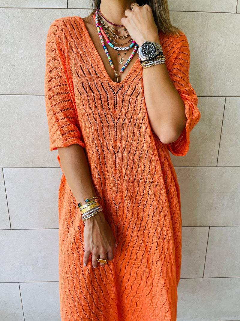 Orange Longline Crochet Poncho
