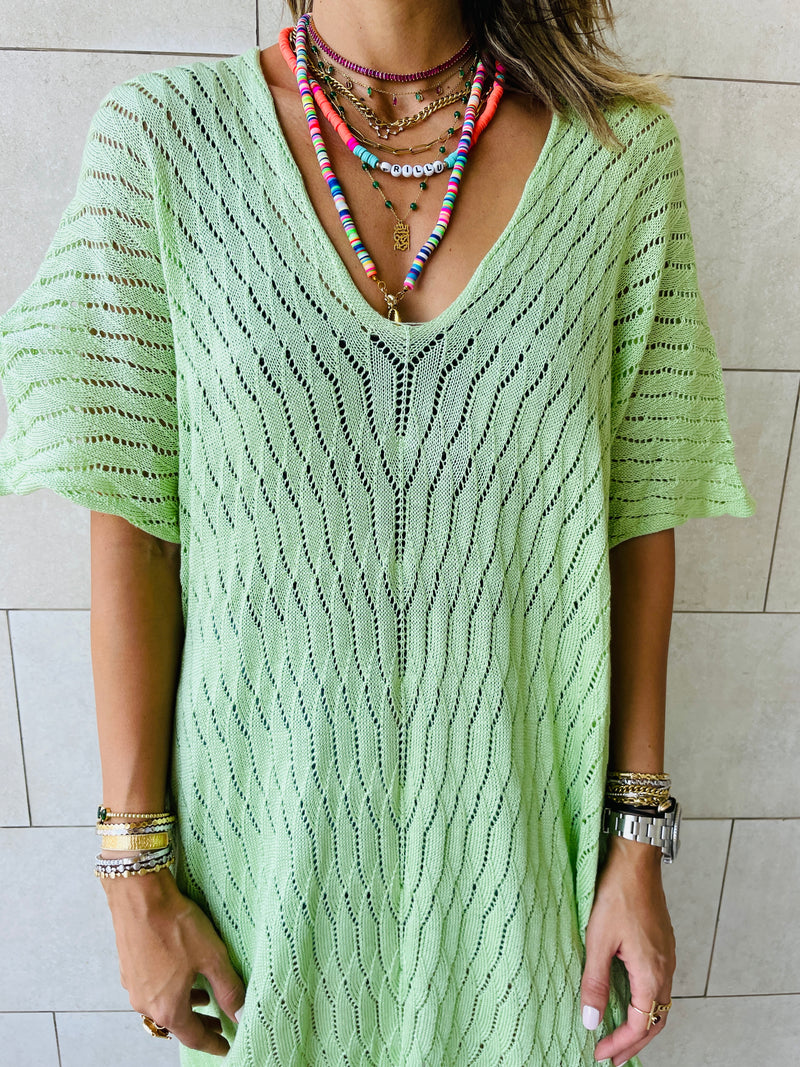 Green Longline Crochet Poncho