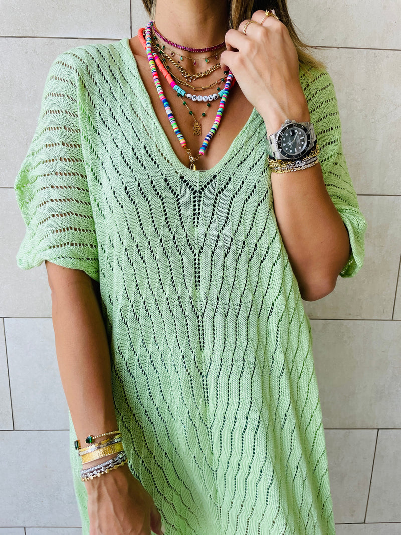Green Longline Crochet Poncho
