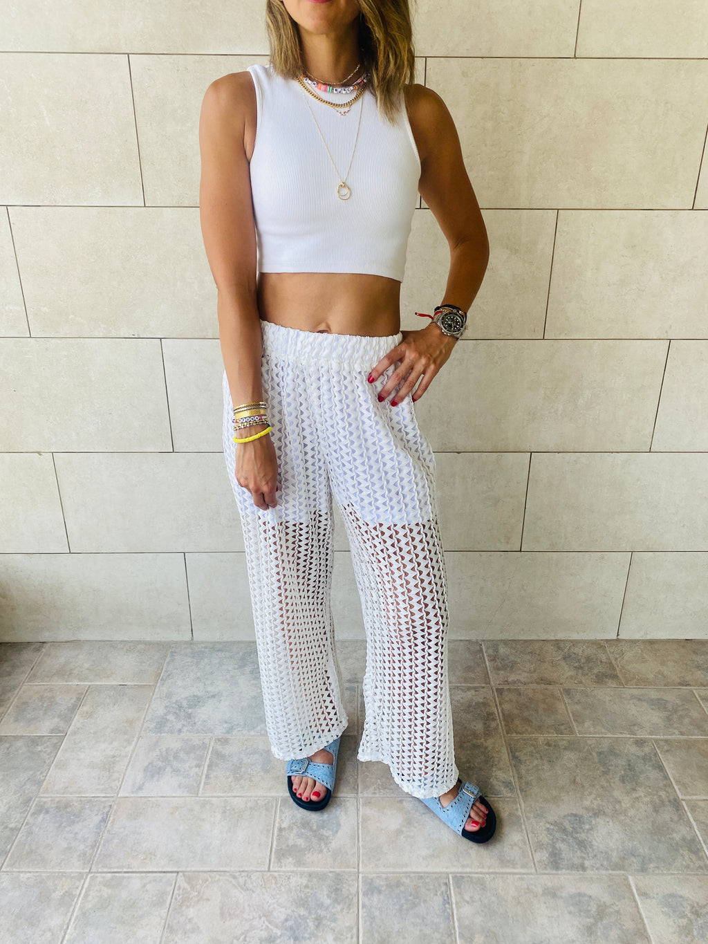 White Luxe Mesh Pants