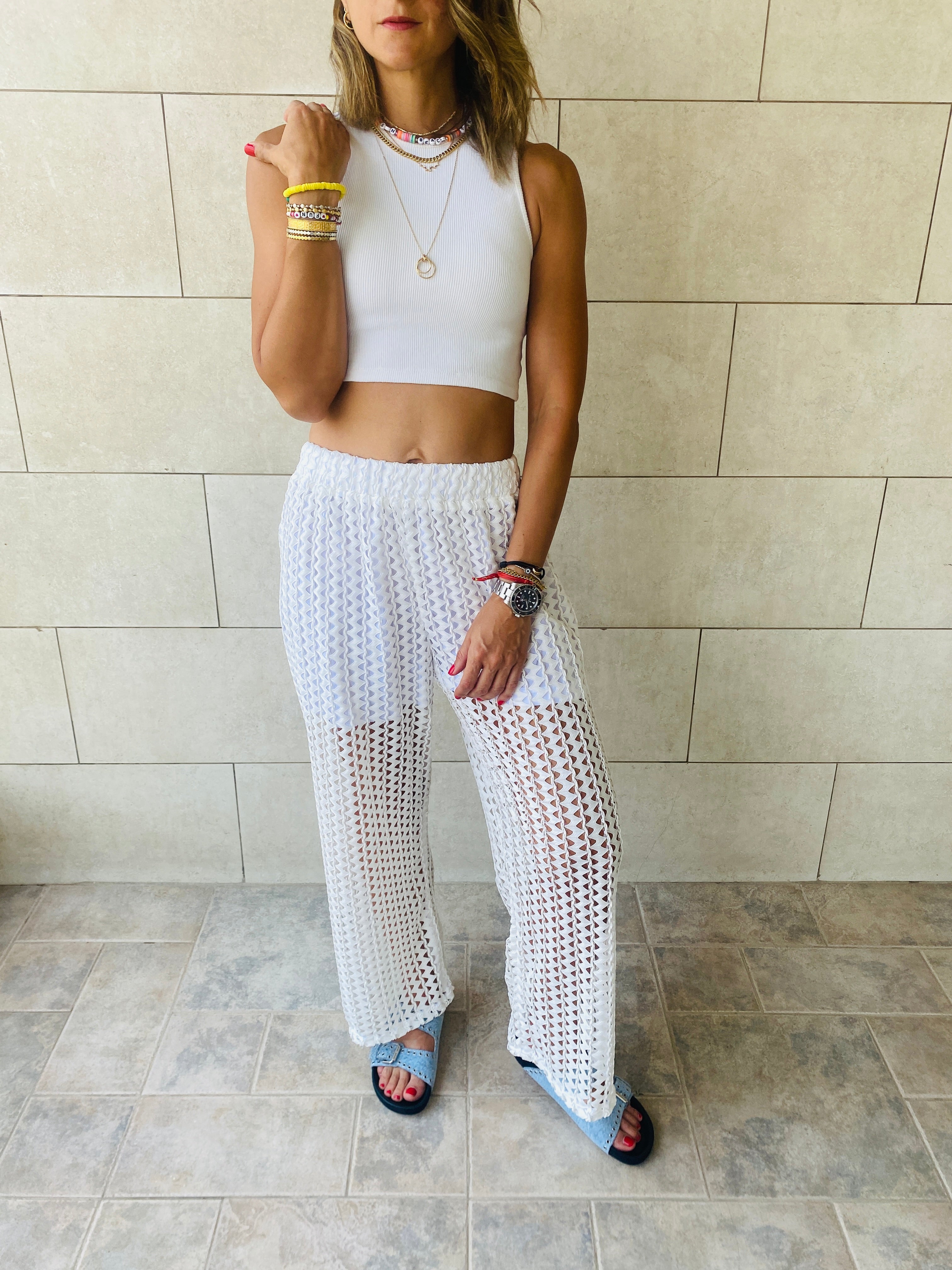 White Luxe Mesh Pants