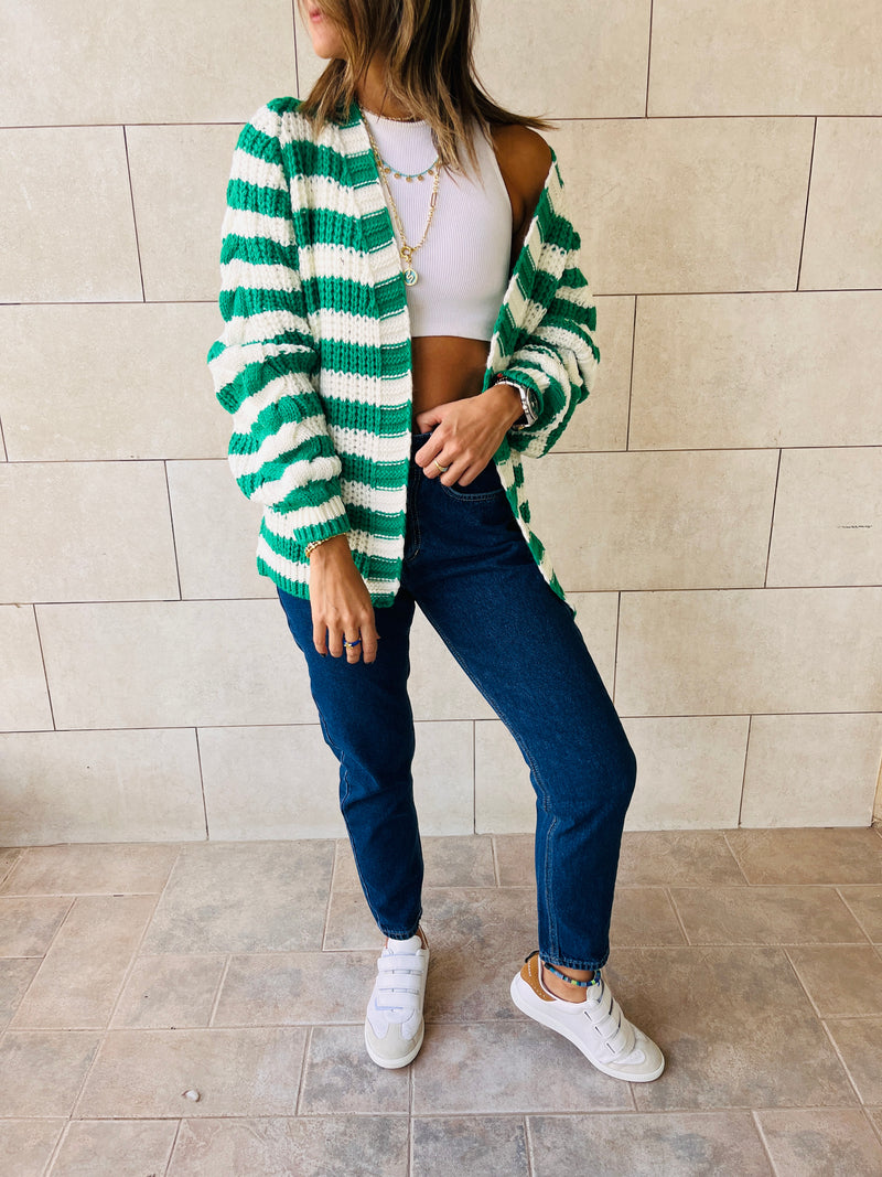 Green Striped Chunky Cardigan