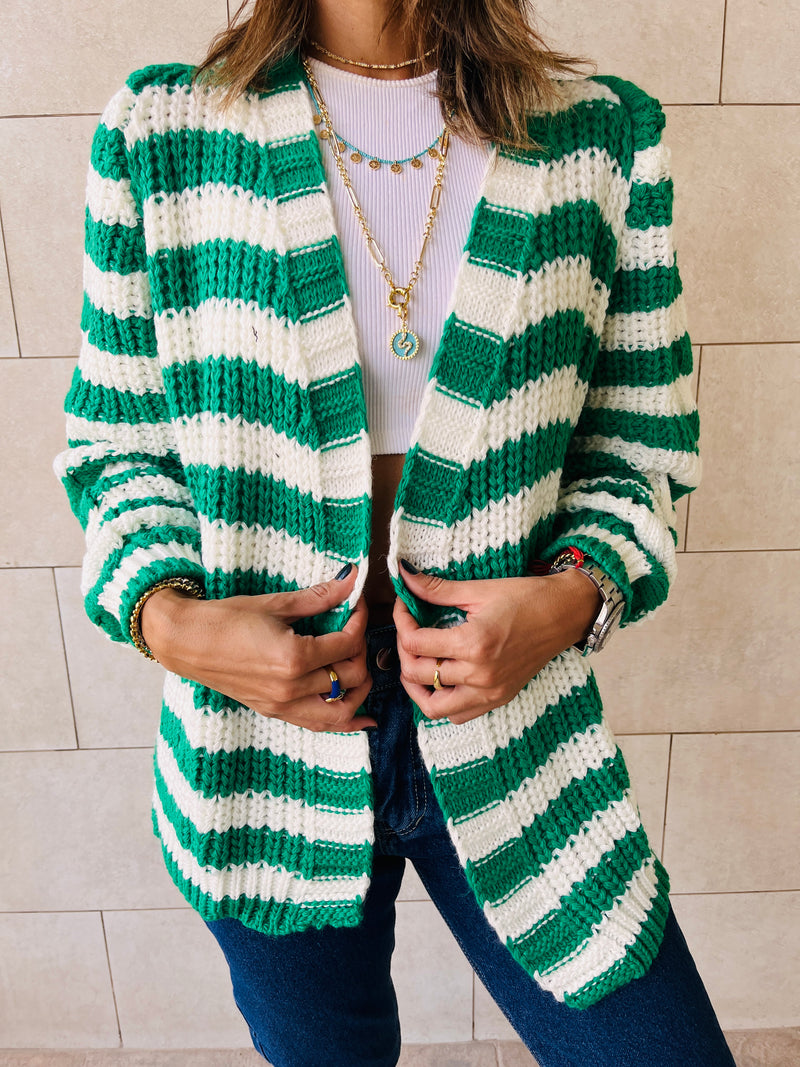 Green Striped Chunky Cardigan