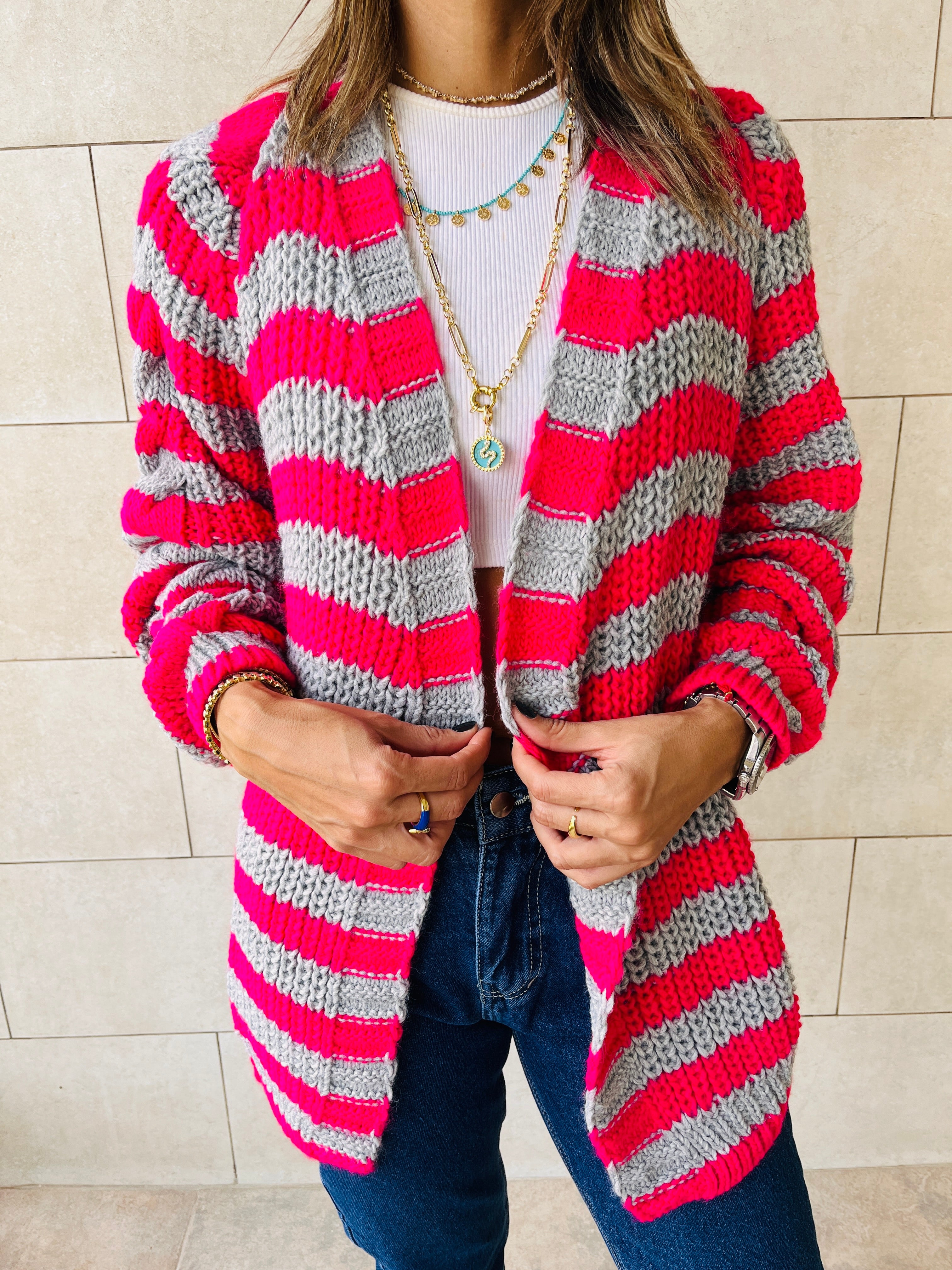 Fuchsia Striped Chunky Cardigan