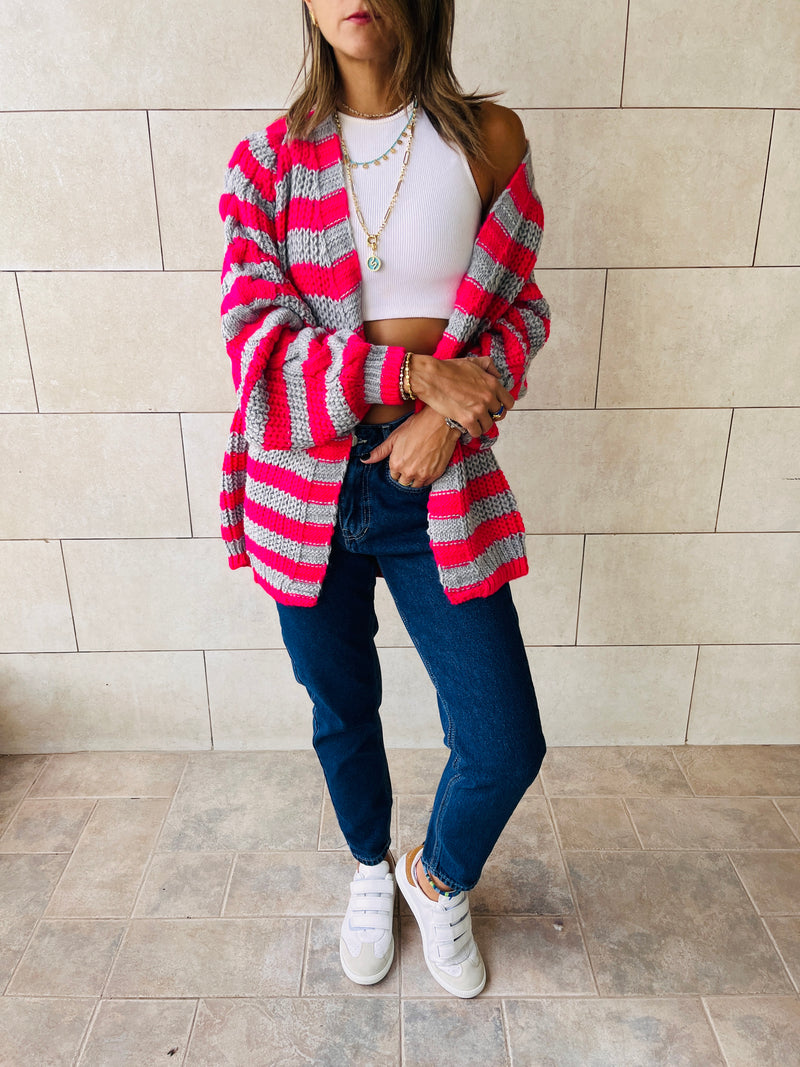 Fuchsia Striped Chunky Cardigan