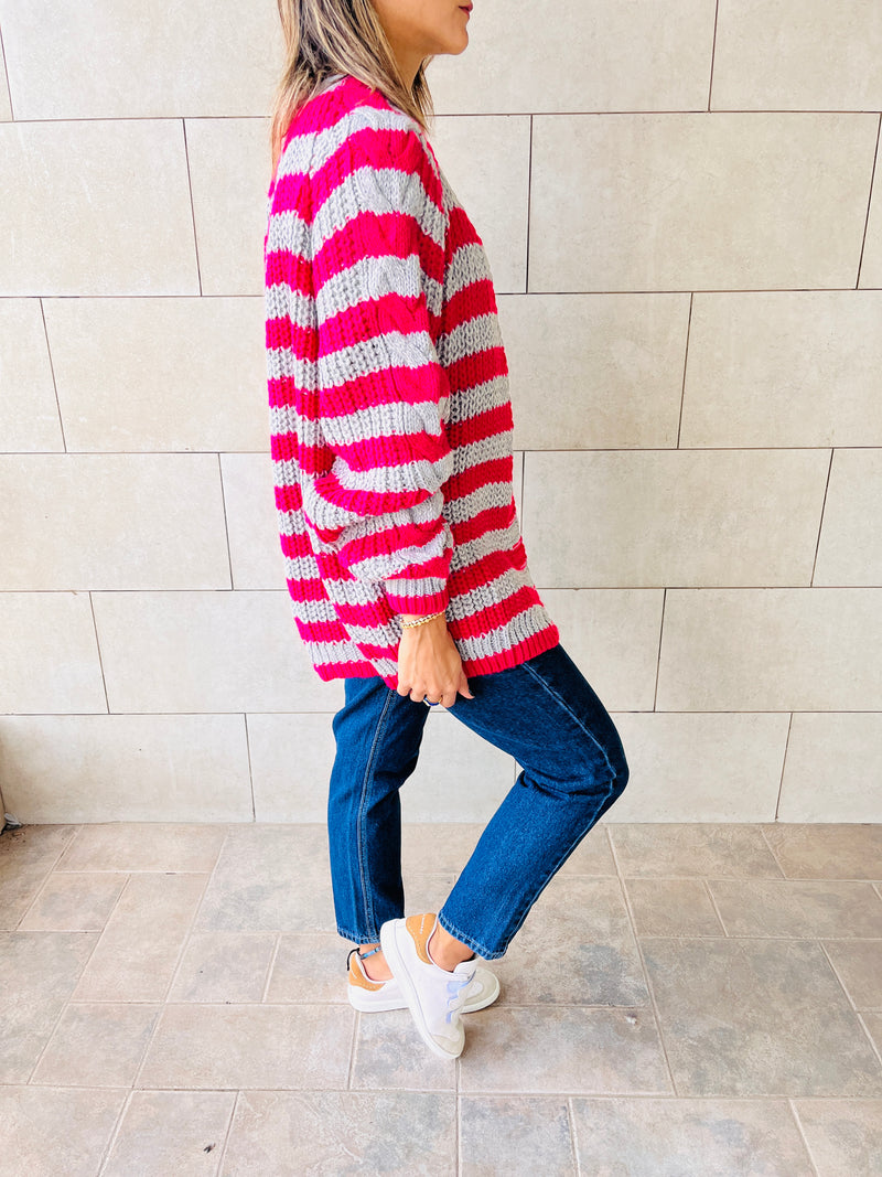 Fuchsia Striped Chunky Cardigan