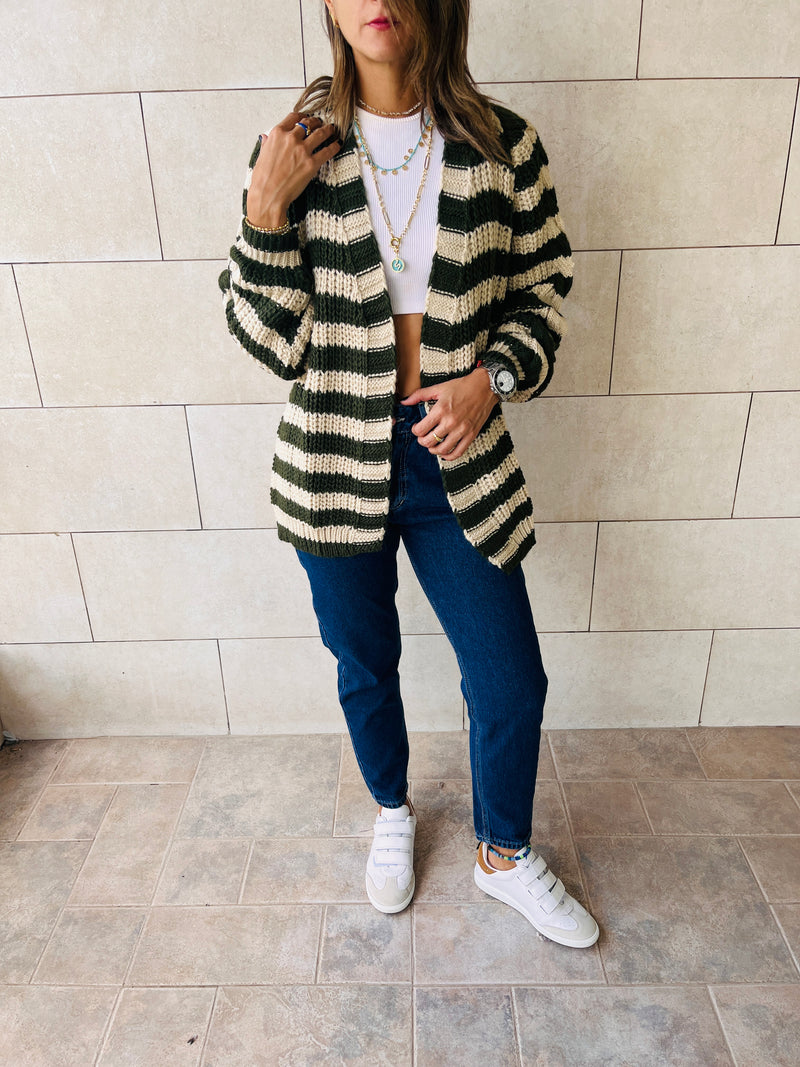 Olive Striped Chunky Cardigan