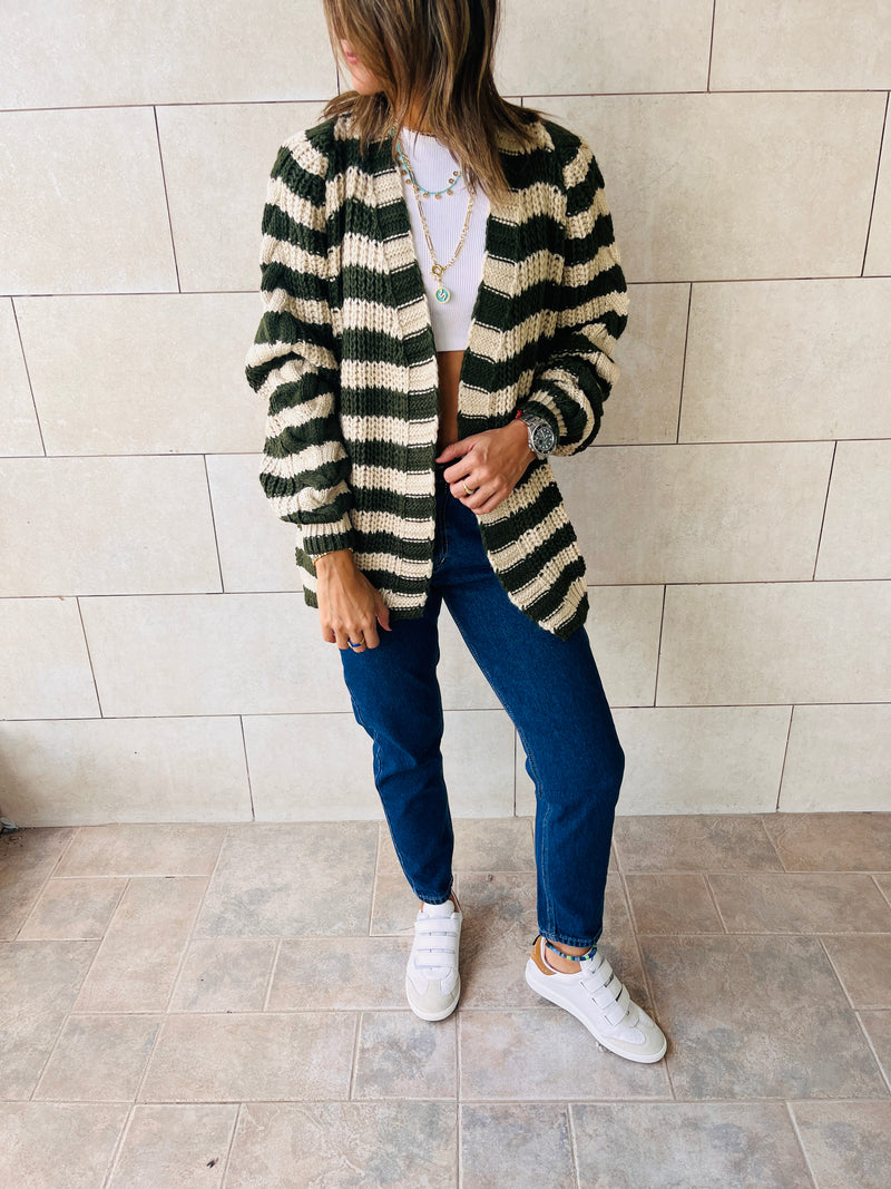 Olive Striped Chunky Cardigan