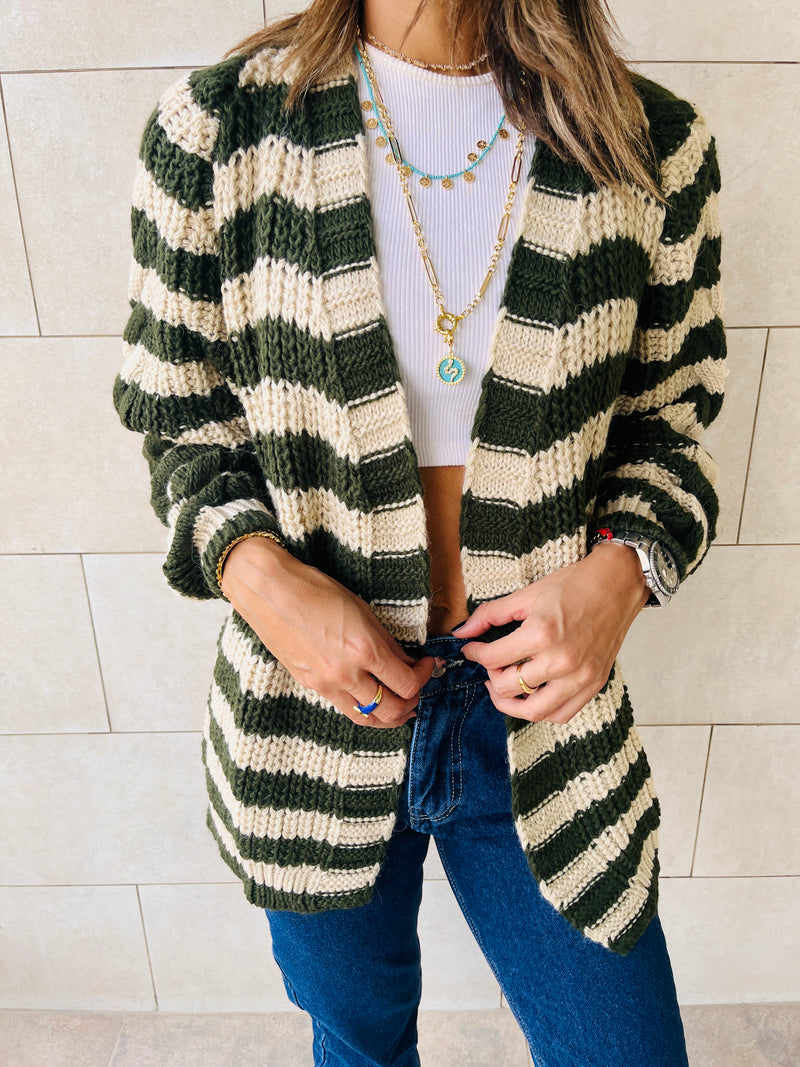 Olive Striped Chunky Cardigan