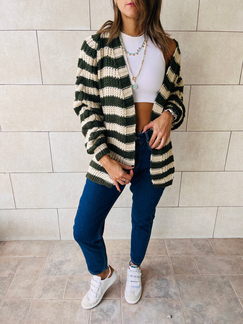 Olive Striped Chunky Cardigan