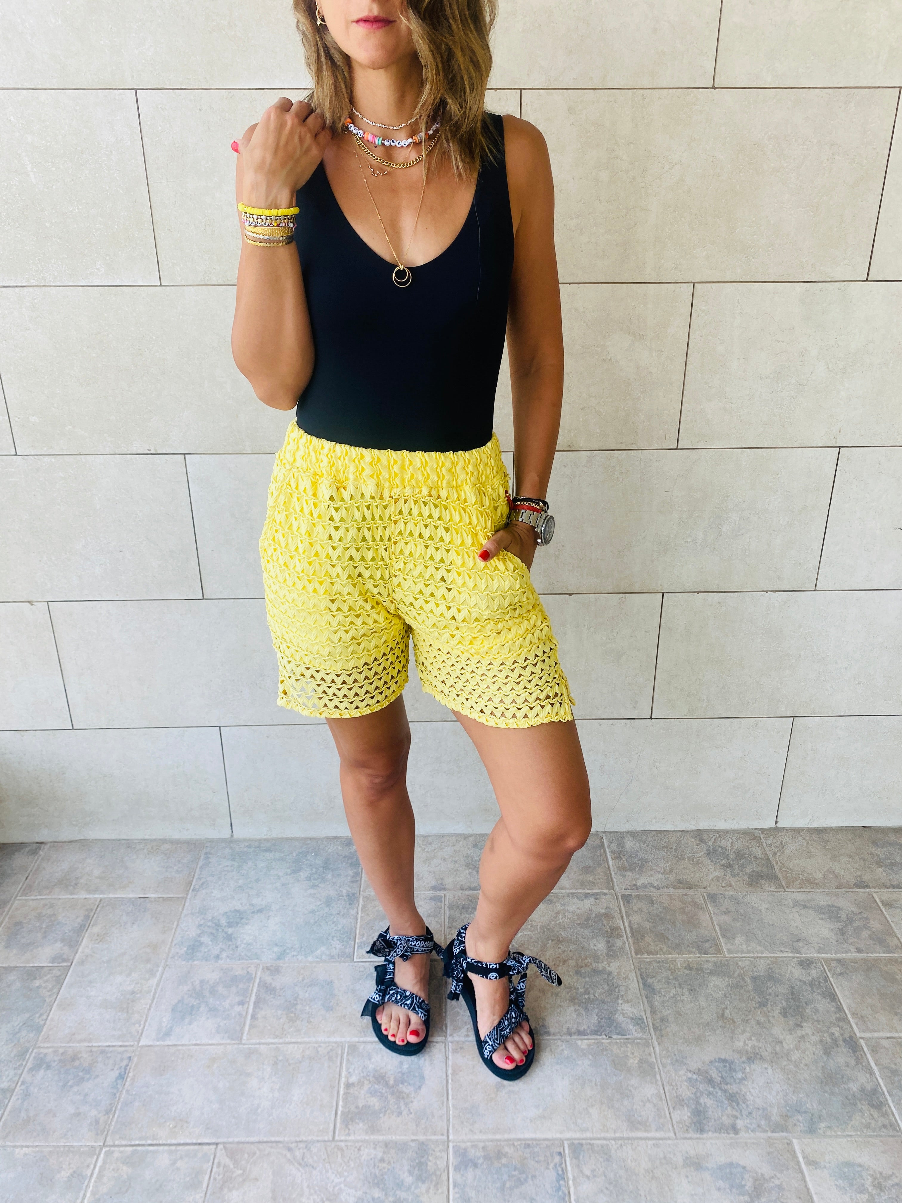 Yellow Luxe Mesh Shorts
