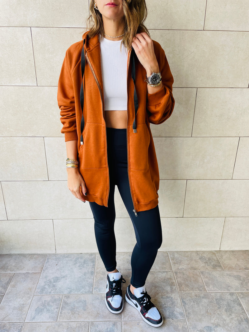 Rust Longline Zip Up Hoodie