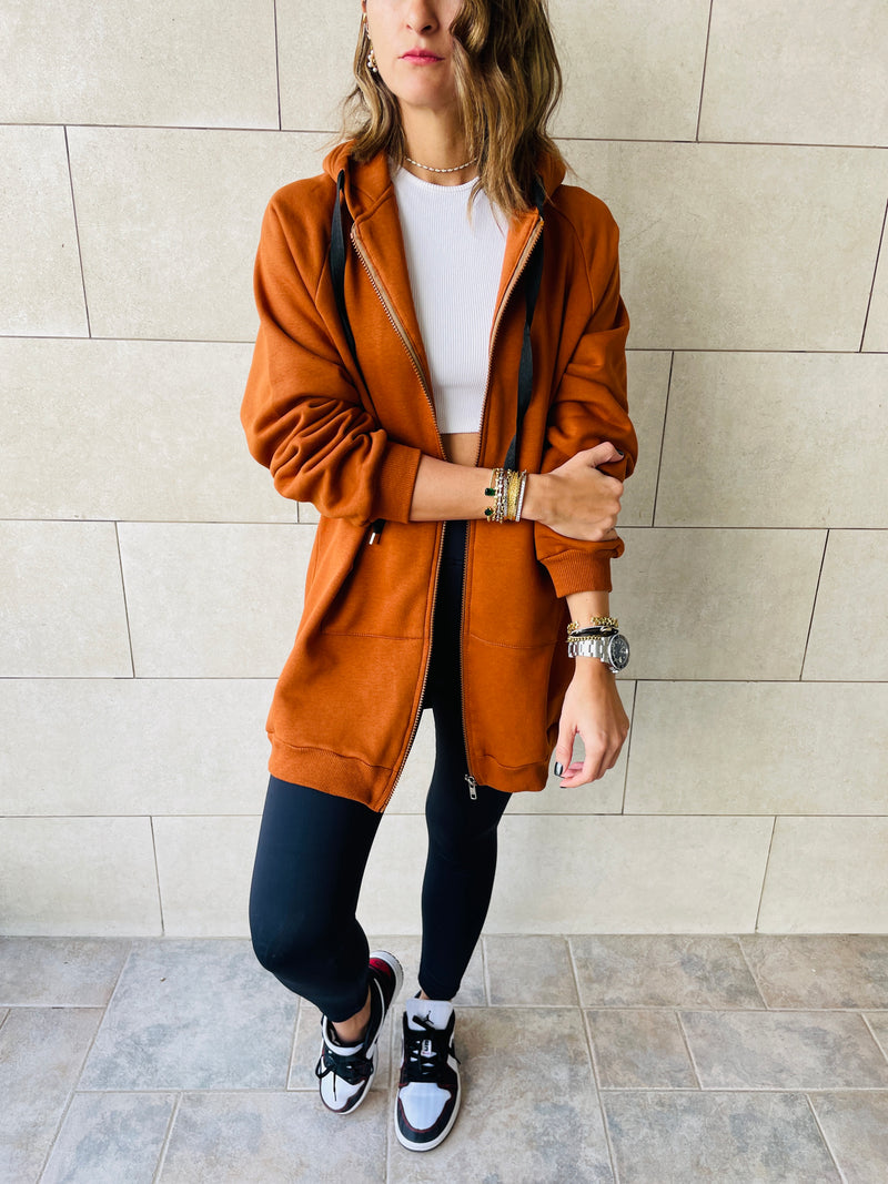 Rust Longline Zip Up Hoodie